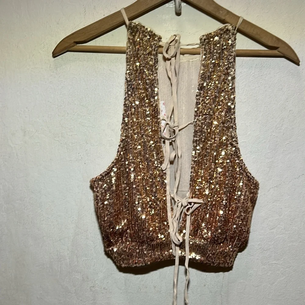 Free People Gold Sleeveless Halter Sequin Top Size XS NWT
